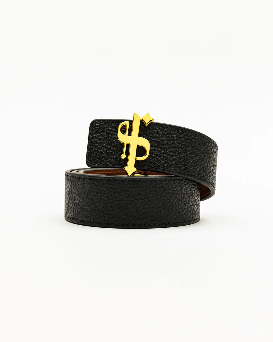 LUXURY SONS BLACK / TAN LEATHER REVERSIBLE BELT WITH GOLD FS BUCKLE - FSBELT001