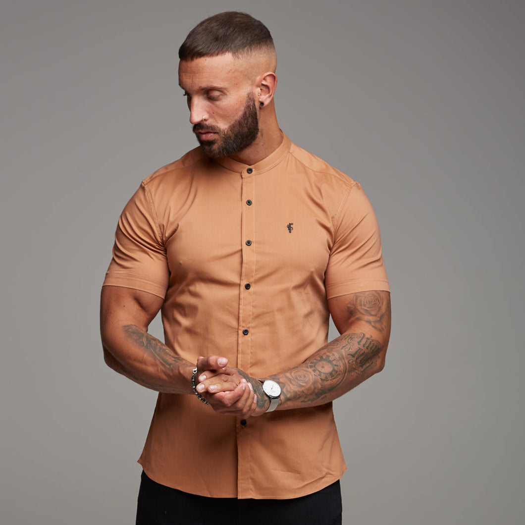 Luxury Sons Super Slim Stretch Classic Tan Grandad Collar Short Sleeve - FS287 (LAST CHANCE)