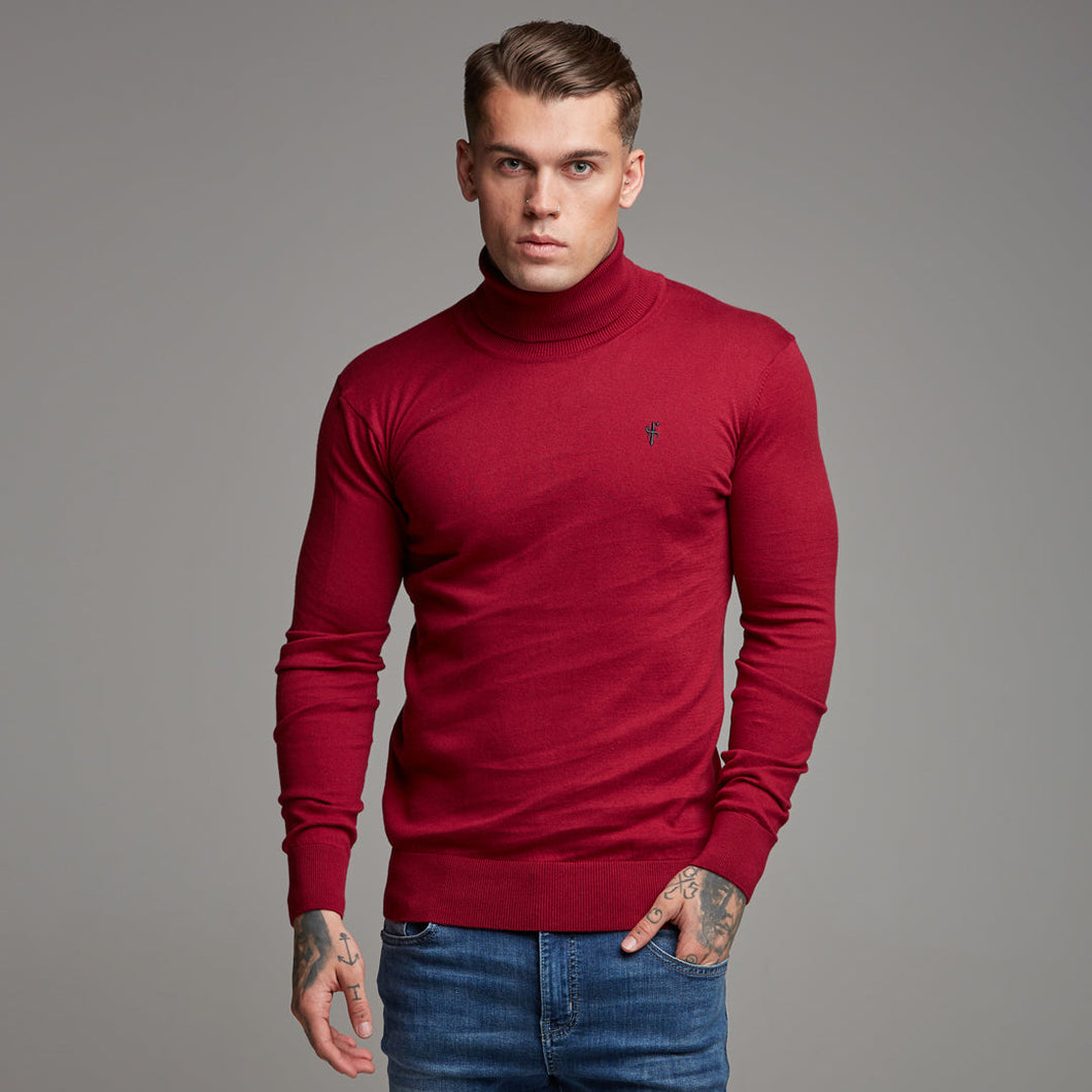 Luxury Sons Classic Red Roll Neck Knitted Jumper (Charcoal Emblem) - FSH086 (LAST CHANCE)