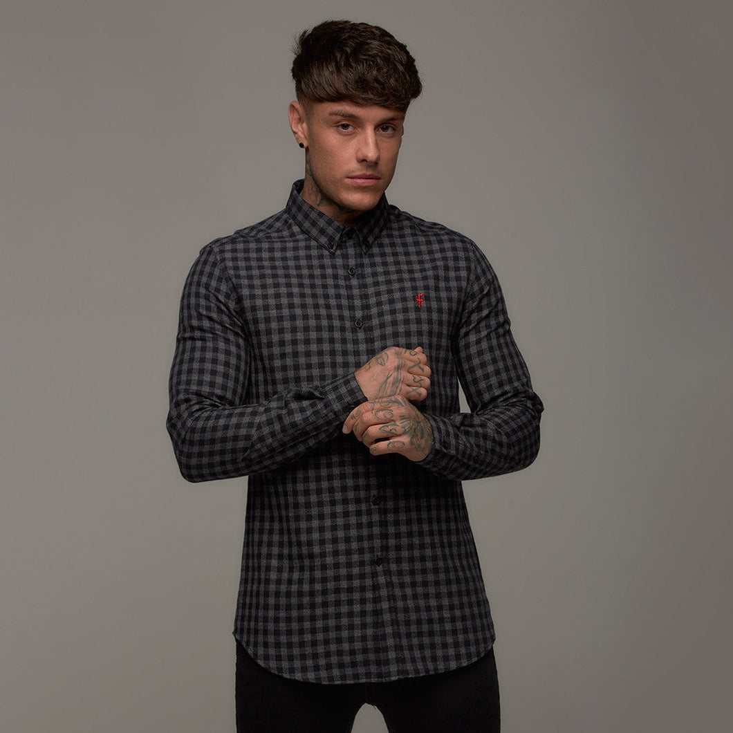 Luxury Sons Classic Black & Grey Metz Check Long Sleeve (Red Emblem) - FS269 (LAST CHANCE)