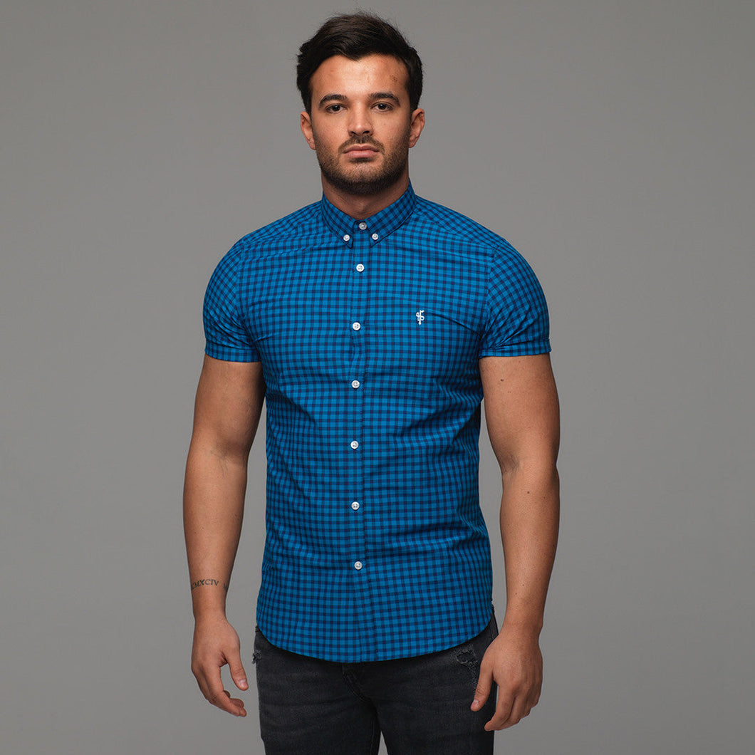 Luxury Sons Classic Turquoise & Navy Check Short Sleeve - FS265 (LAST CHANCE)