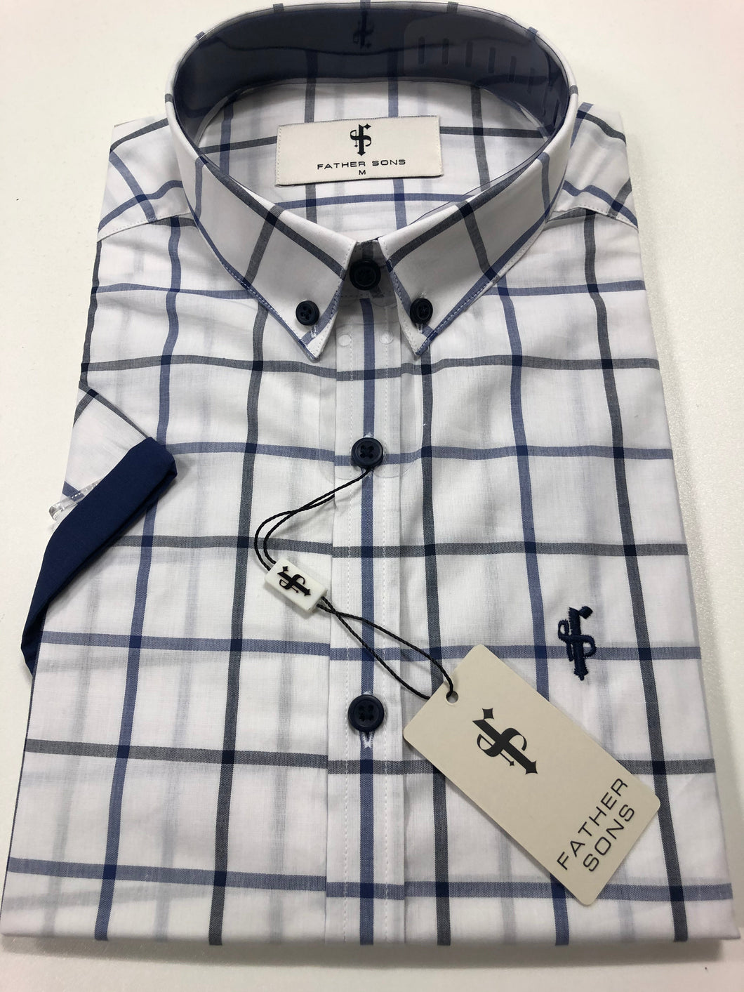 Luxury Sons Classic White Navy Check Print Short Sleeve - FS192