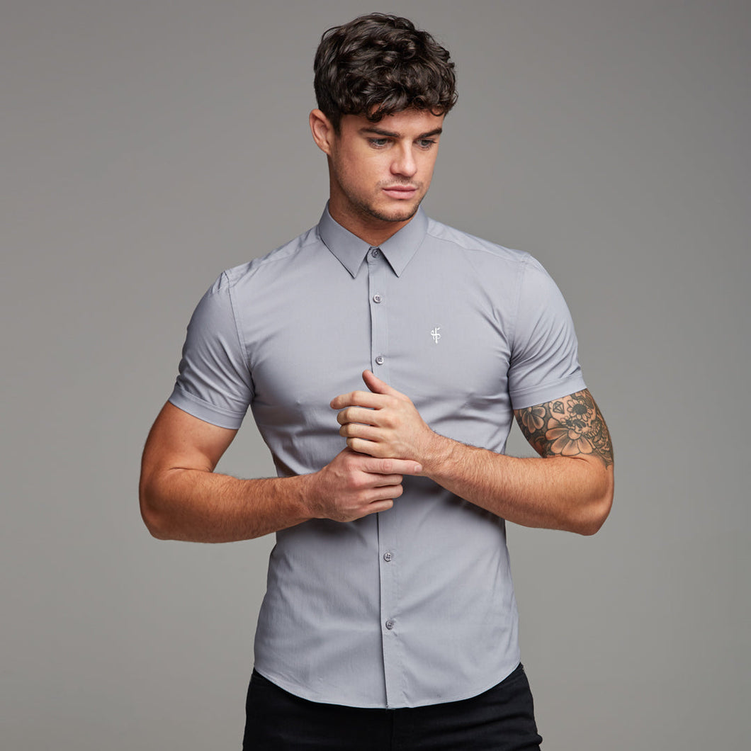 Luxury Sons Super Slim Stretch Classic Light Grey Short Sleeve - FS235