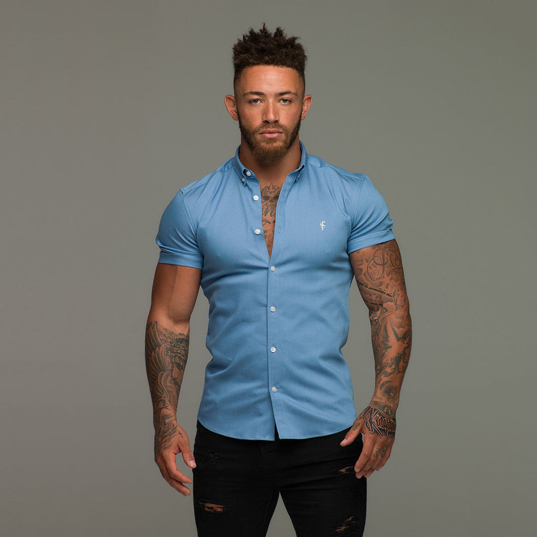 Luxury Sons Super Slim Stretch Light Blue Denim Short Sleeve - FS200