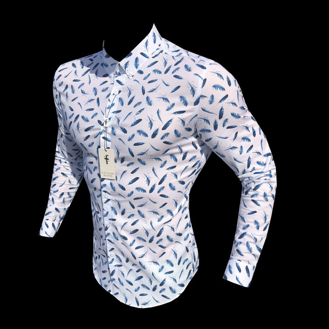 Luxury Sons Super Slim Stretch Blue Feather Print Button Down - FS595