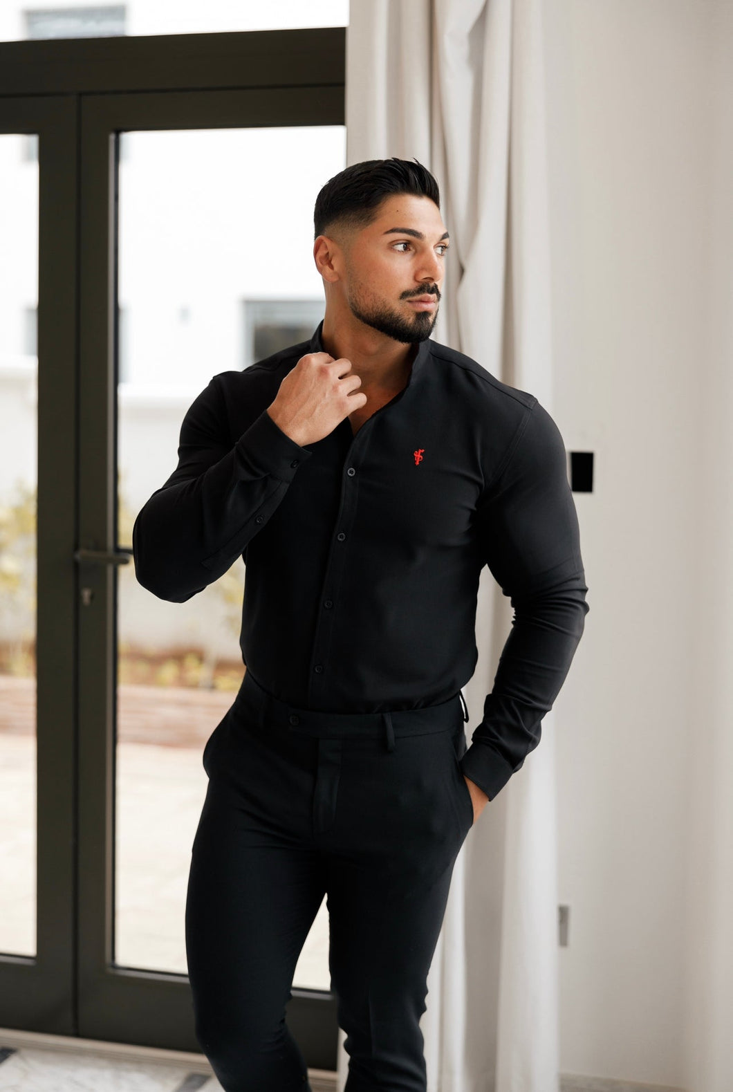 Luxury Sons Super Slim Scuba Black Long Sleeve Stretch With Grandad Collar - FS931