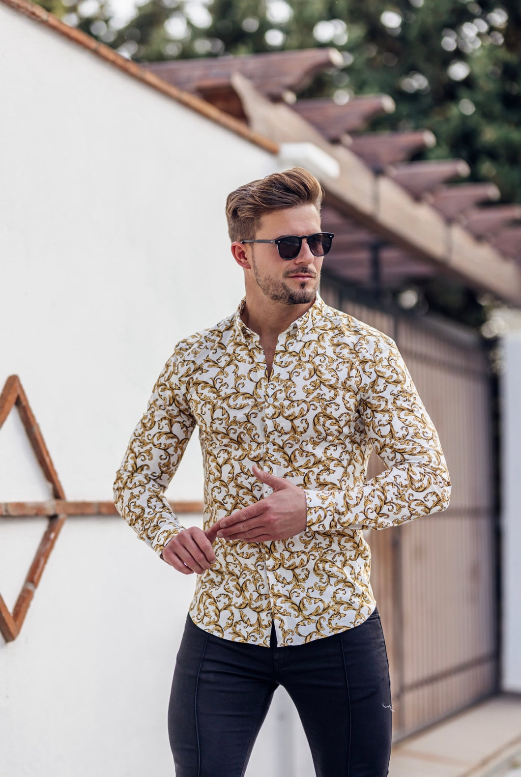 Luxury Sons Super Slim Stretch White / Gold Scroll Print Long Sleeve with Button Down Collar - FS822