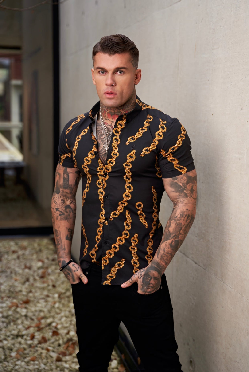 Luxury Sons Super Slim Stretch Black / Gold Chain Print Short Sleeve with Button Down Collar - FS857