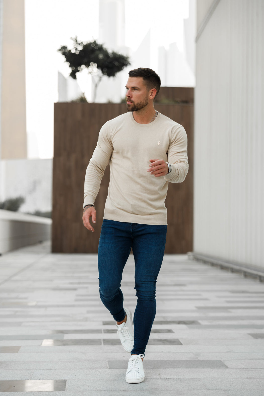 Luxury Sons Classic Beige Crew Neck Knitted Jumper with Gold Metal Decal - FSN093