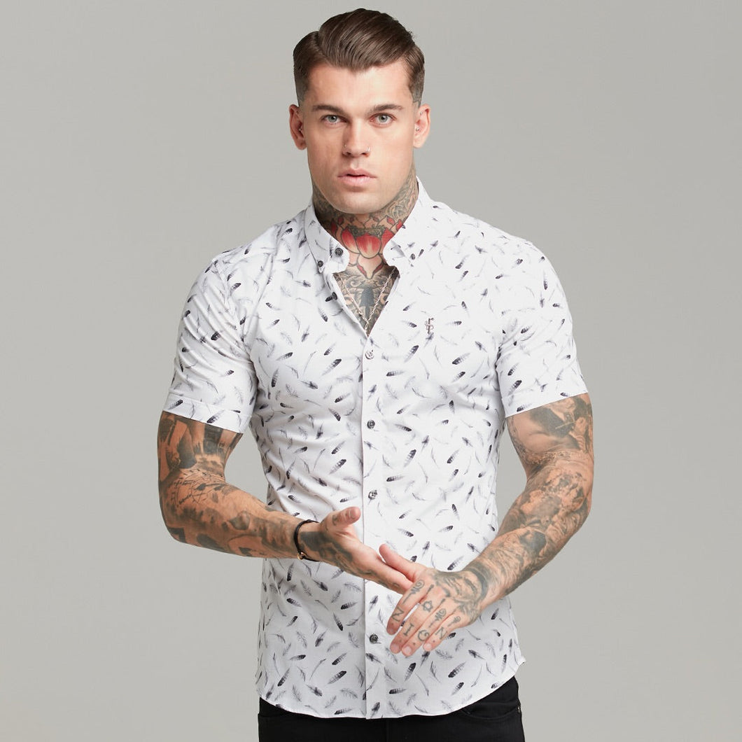 Luxury Sons Super Slim Stretch Feather Print Short Sleeve - FS428