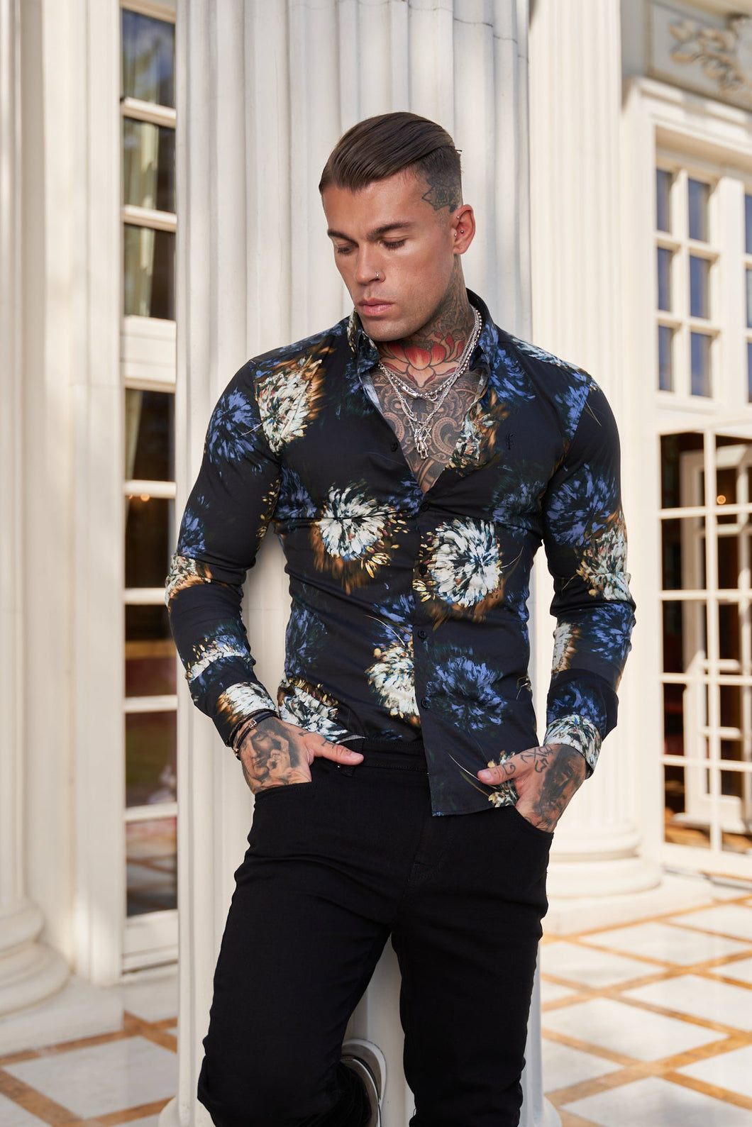 Luxury Sons Super Slim Stretch Black Base Blurred Flower Print Long Sleeve with Button Down Collar - FS800