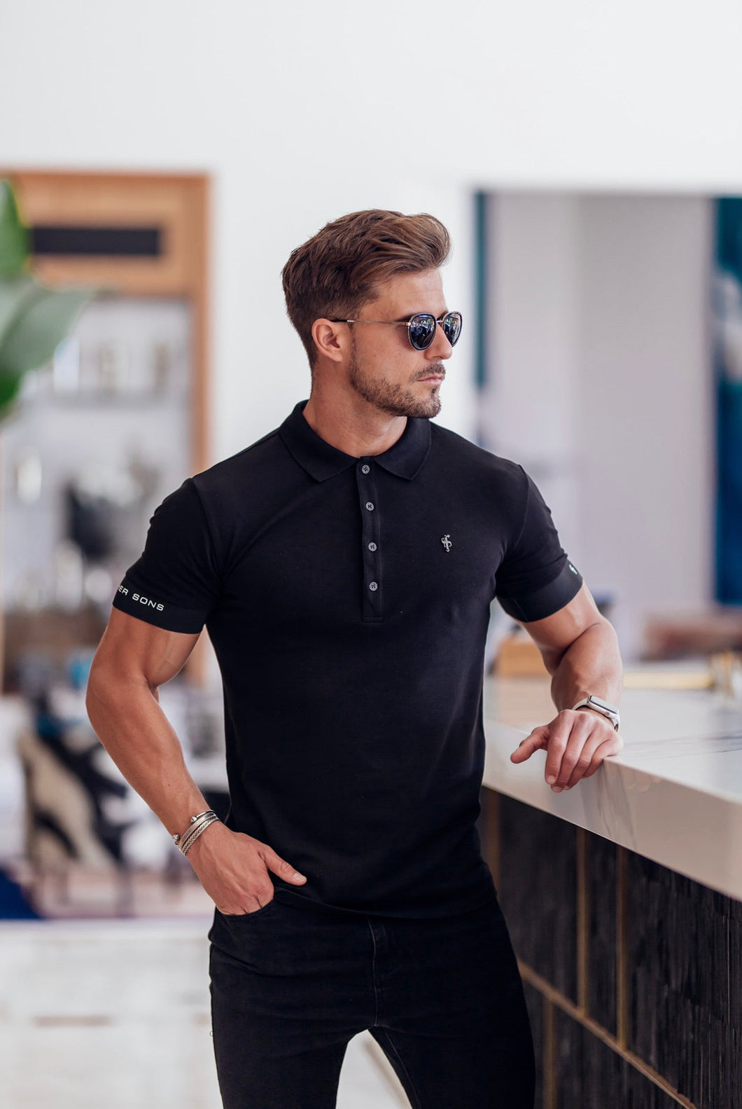 Luxury Sons Classic Black Polo with FS Elastic Sleeve Branding and Black Metal Emblem - FSH631