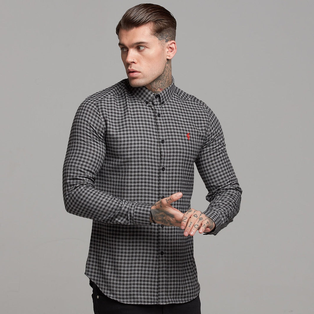 Luxury Sons Classic Black & Grey Brushed Check Long Sleeve (Red Emblem) - FS410 (LAST CHANCE)