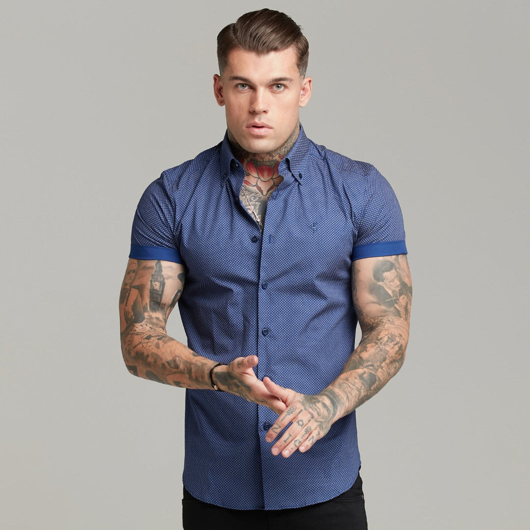 Luxury Sons Classic Navy Print Short Sleeve Button Down - FS607