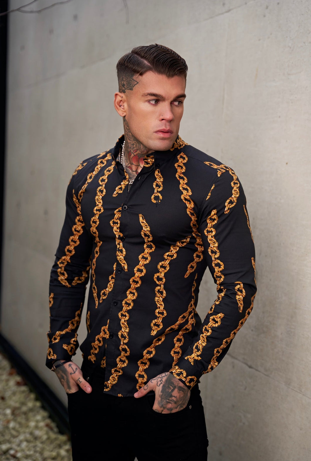 Luxury Sons Super Slim Stretch Black / Gold Chain Print Long Sleeve with Button Down Collar - FS856