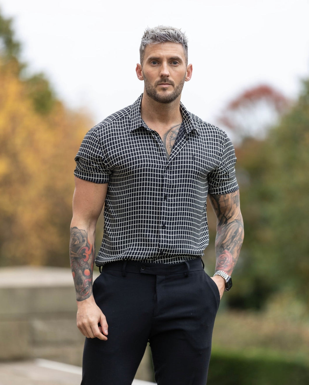 Luxury Sons Classic Relaxed Black / White Medium Grid Check Short Sleeve - FS735