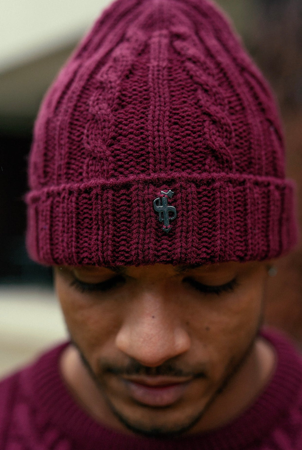 Luxury Sons Burgundy Beanie Hat With Metal Emblem - FSJ048