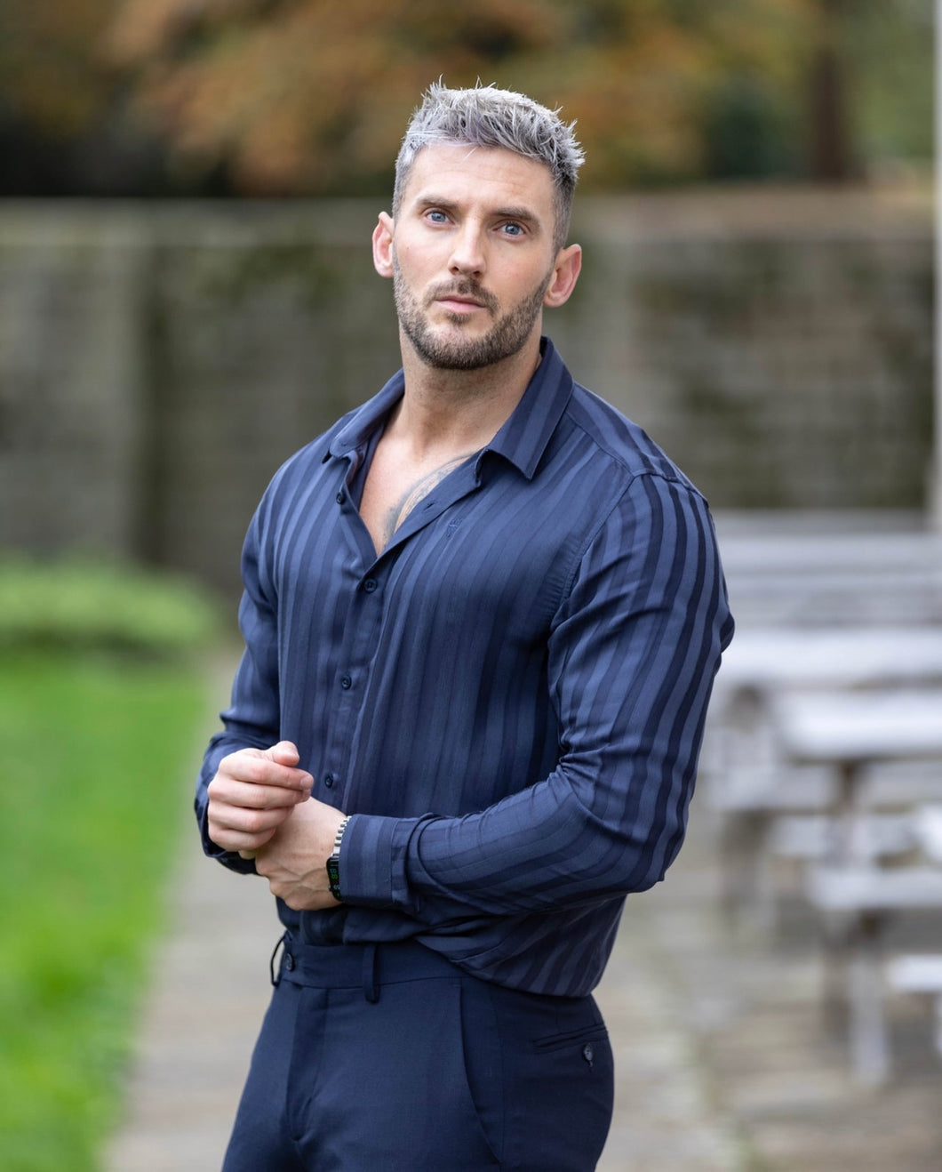 Luxury Sons Classic Relaxed Navy Self Stripe Long Sleeve - FSR834