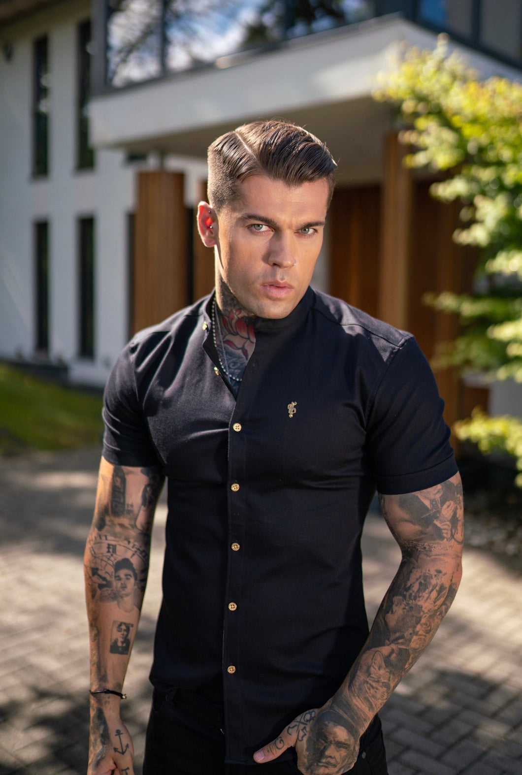 Luxury Sons Super Slim Stretch Black Denim Short Sleeve Grandad collar with Metal Buttons and Decal Emblem - FS708