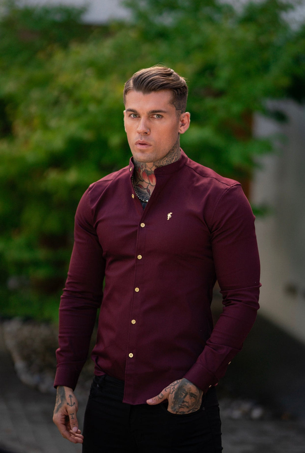 Luxury Sons Super Slim Stretch Burgundy Denim Long Sleeve Grandad collar with Metal Buttons and Decal Emblem - FS721