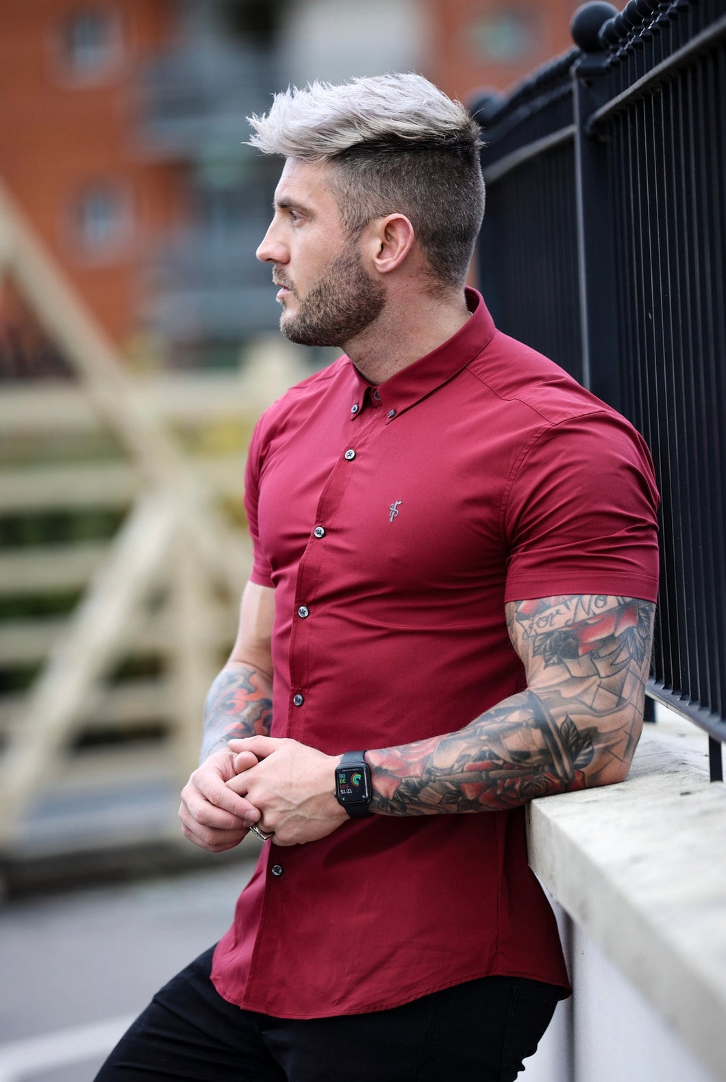 Luxury Sons Super Slim Stretch Classic Ox Blood Short Sleeve With Button Down Collar -  FS820