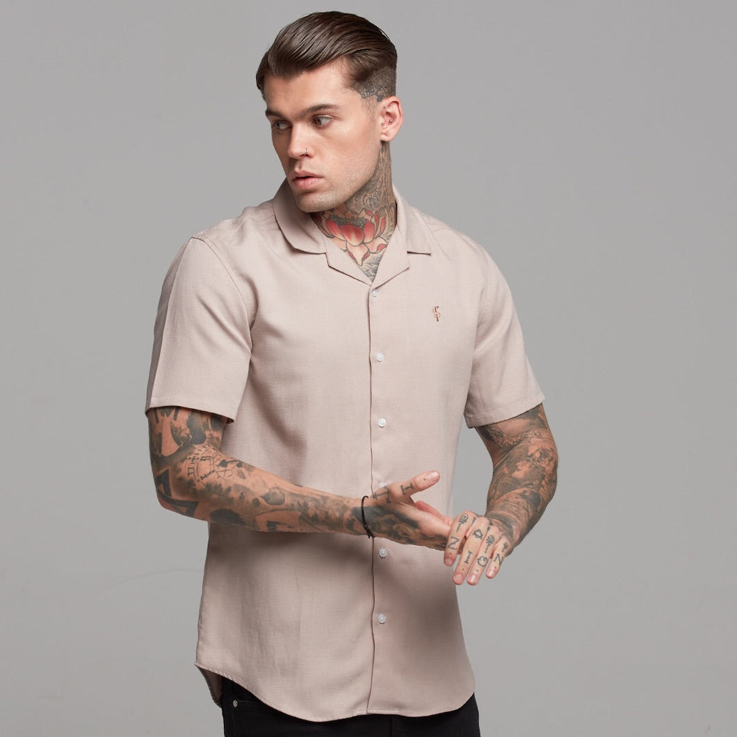 Luxury Sons Classic Nude Linen effect Short Sleeve Revere Shirt - FS445