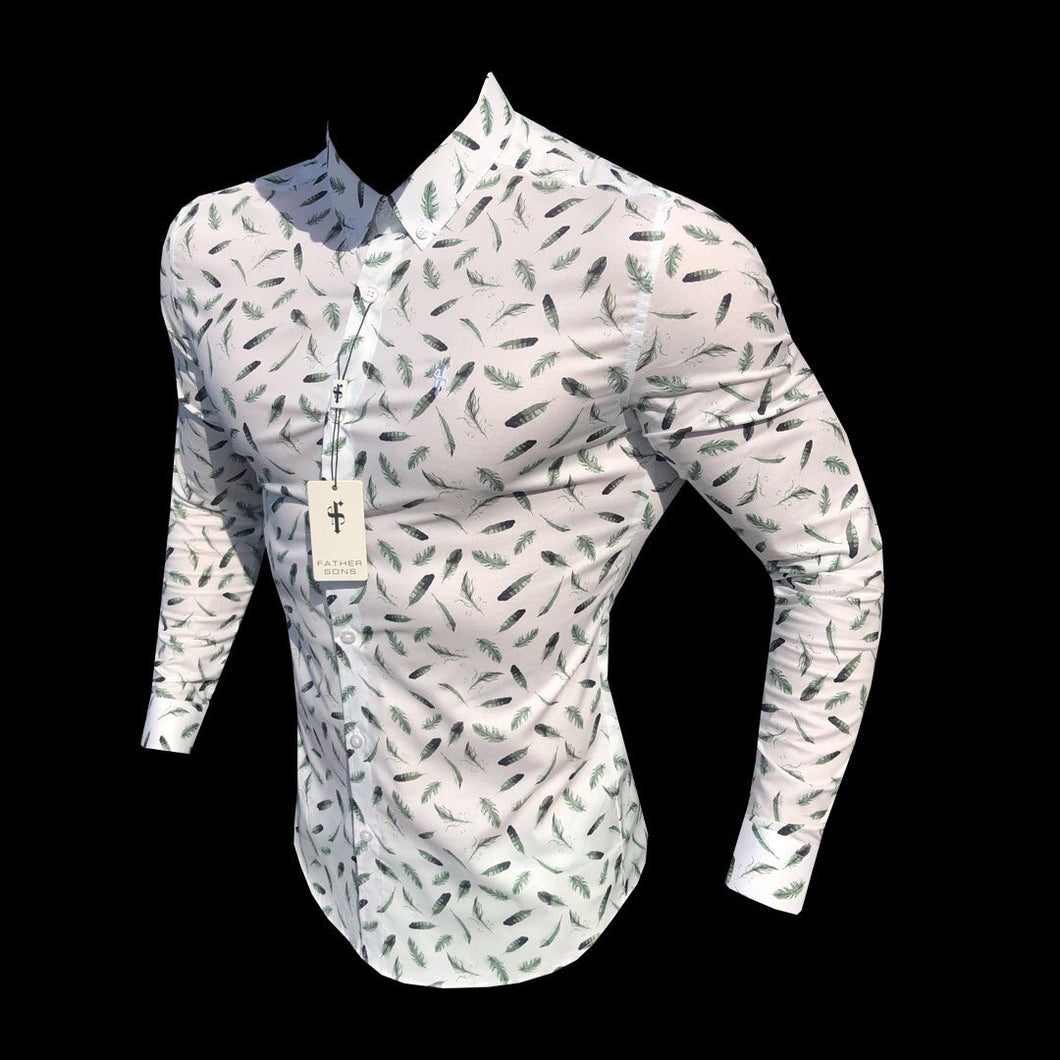 Luxury Sons Super Slim Stretch Khaki Feather Print Button Down - FS596