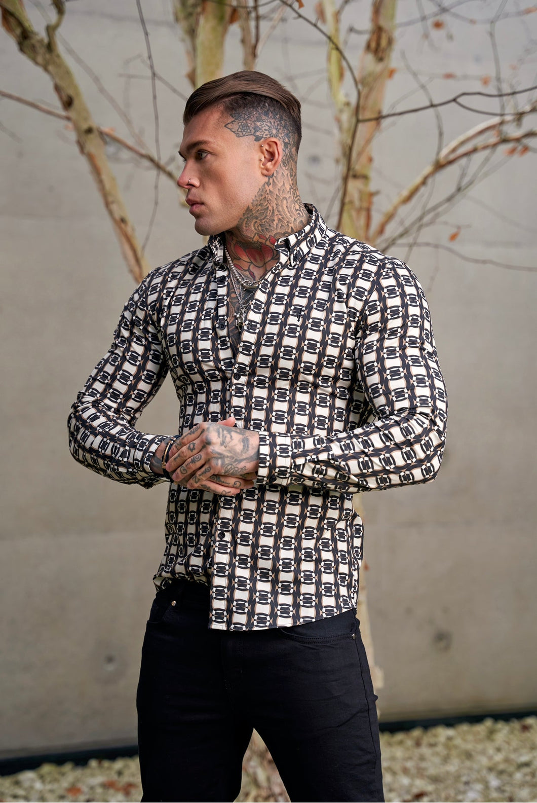 Luxury Sons Super Slim Stretch Black / Cream / Taupe Link Print Long Sleeve with Button Down Collar - FS848