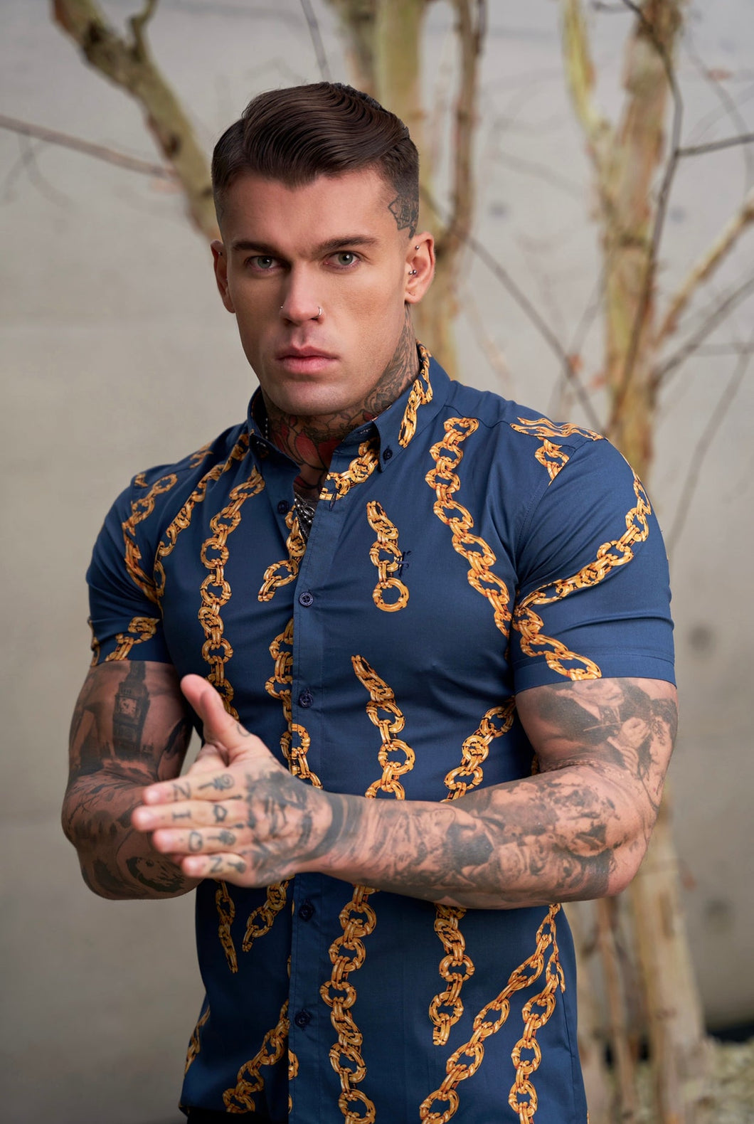 Luxury Sons Super Slim Stretch Airforce Blue / Gold Chain Print Short Sleeve with Button Down Collar - FS860