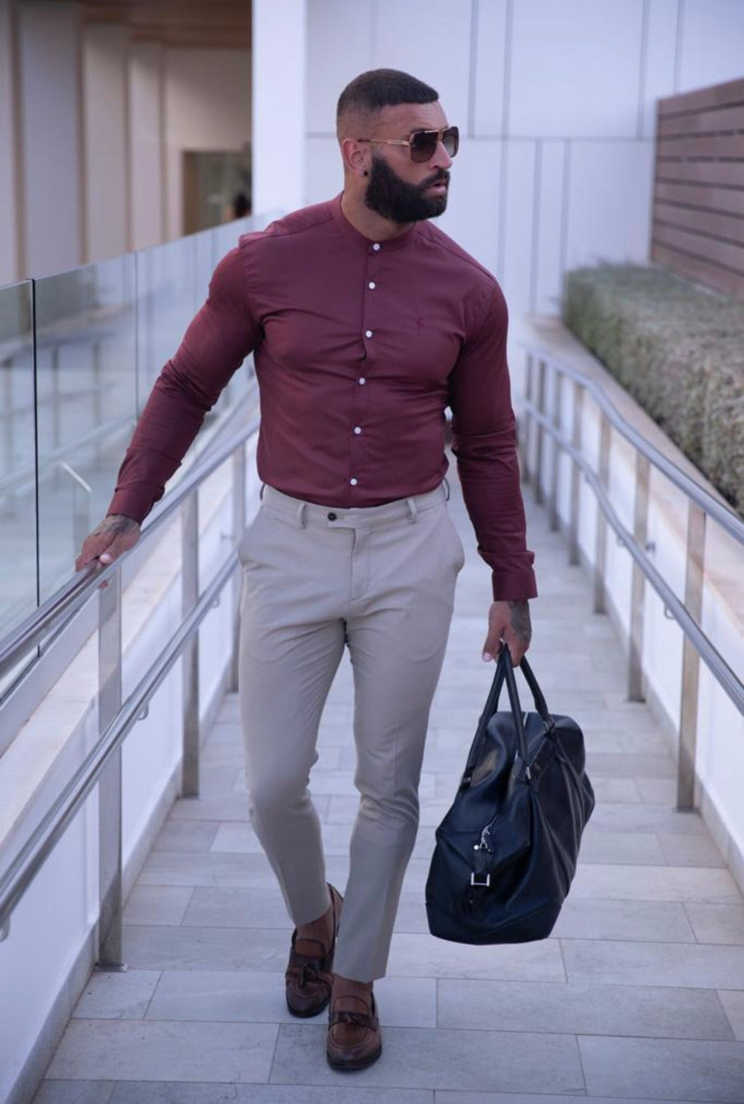 Luxury Sons Super Slim Luxe Ultra Stretch Classic Burgundy Long Sleeve with Grandad Collar - FS784