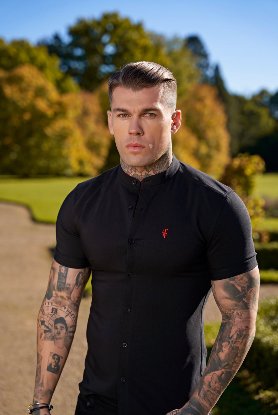 Luxury Sons Super Slim Scuba Black Short Sleeve Stretch With Grandad Collar - FS930