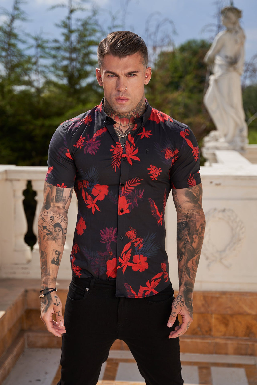 Luxury Sons Super Slim Stretch Black and Red Floral Print Short Sleeve with Button Down Collar - FS767