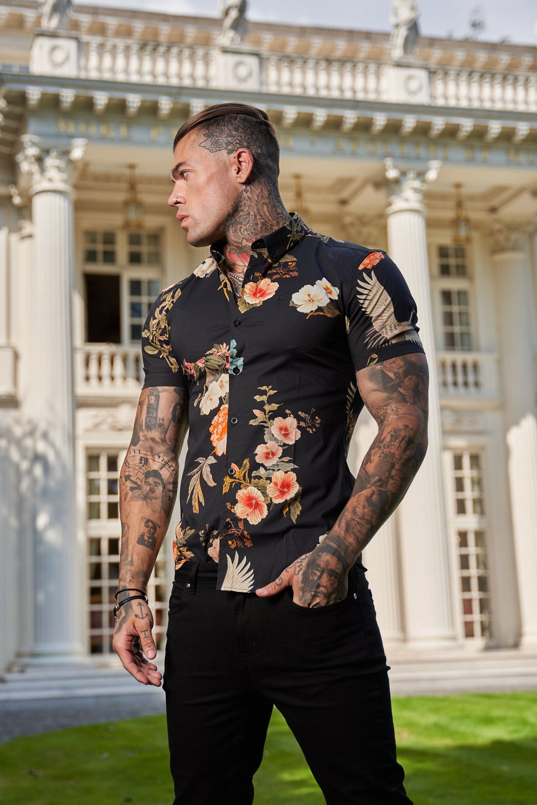 Luxury Sons Super Slim Stretch Black Crane Print Short Sleeve with Button Down Collar - FS768