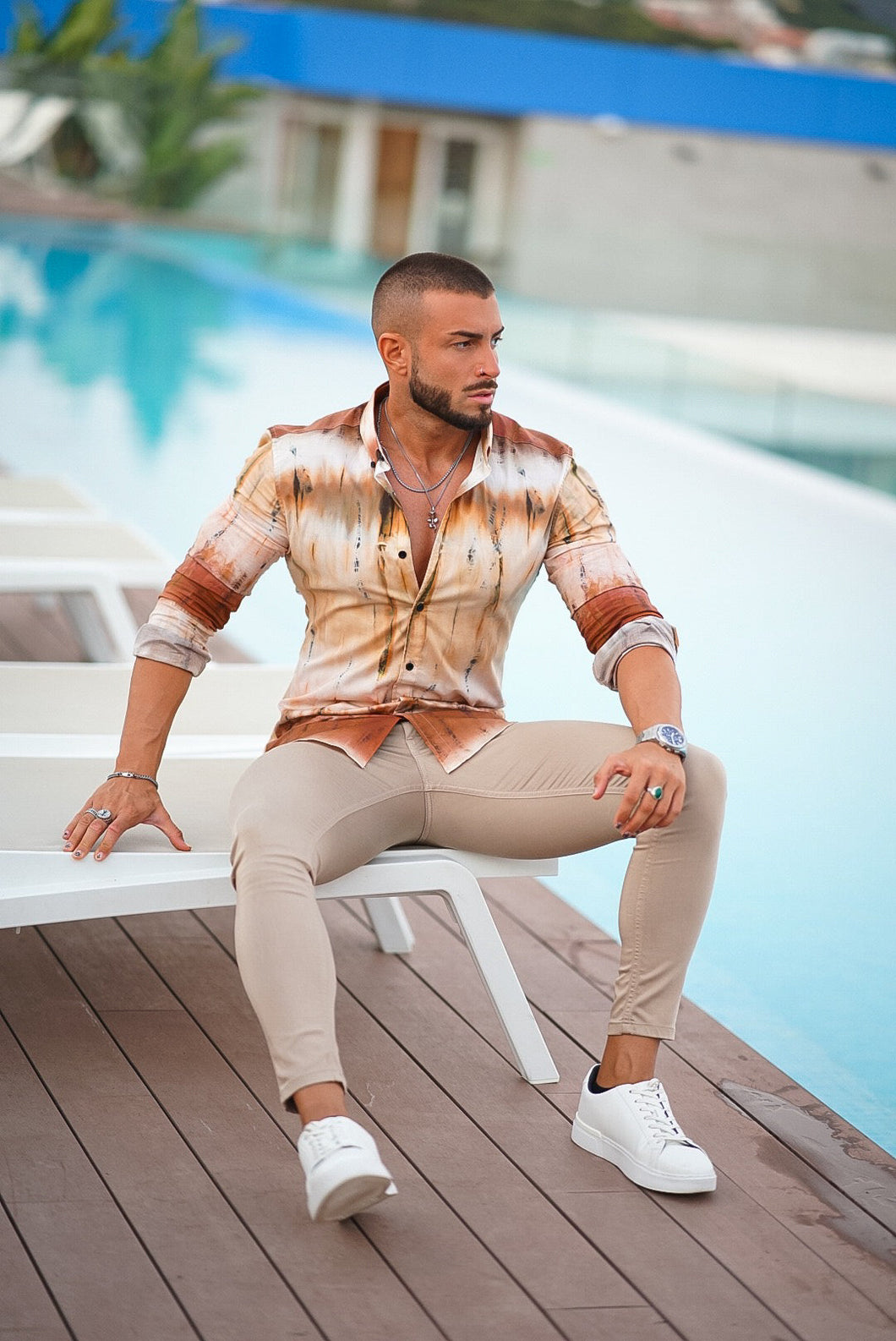 Luxury Sons Super Slim Stretch Neutral Tie Dye Print Long Sleeve with Button Down Collar - FS812