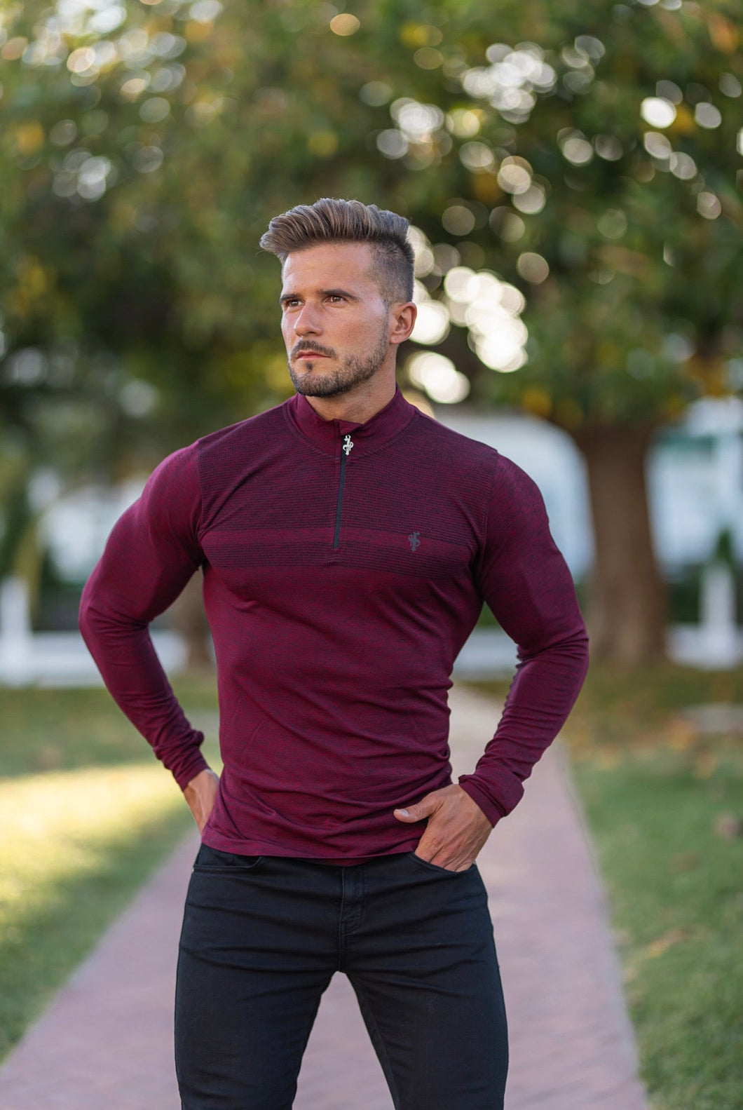 Luxury Sons Long sleeve Burgundy / Black half zip gym top - FSM030