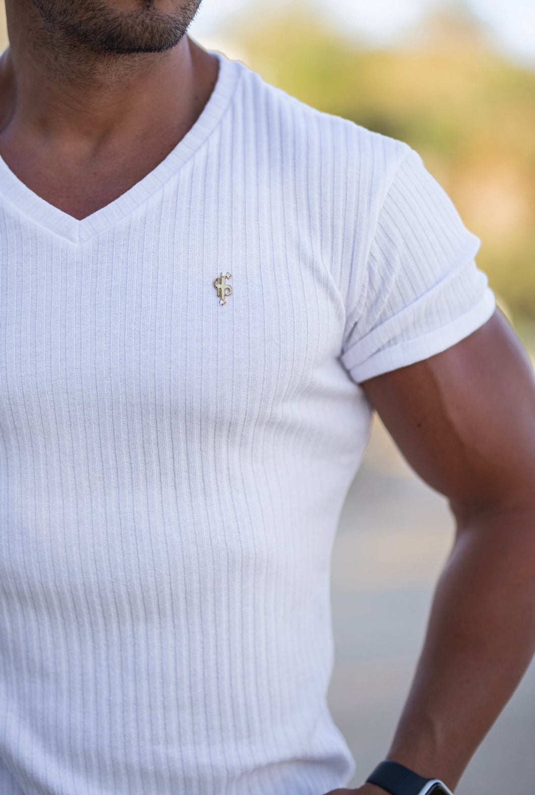 Luxury Sons Classic White / Gold V Neck Ribbed Crew - FSH498