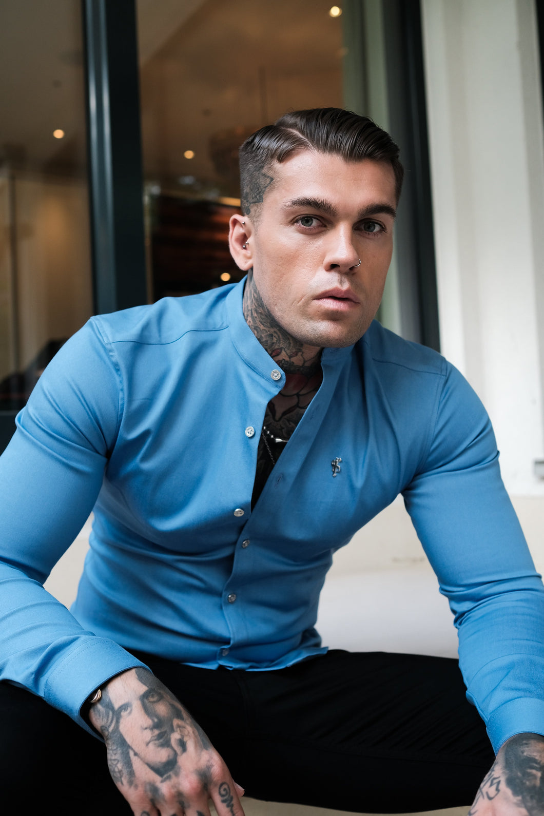 Luxury Sons Super Slim Stretch Light Blue Denim Long Sleeve Grandad collar with Metal Buttons and Decal Emblem - FS717