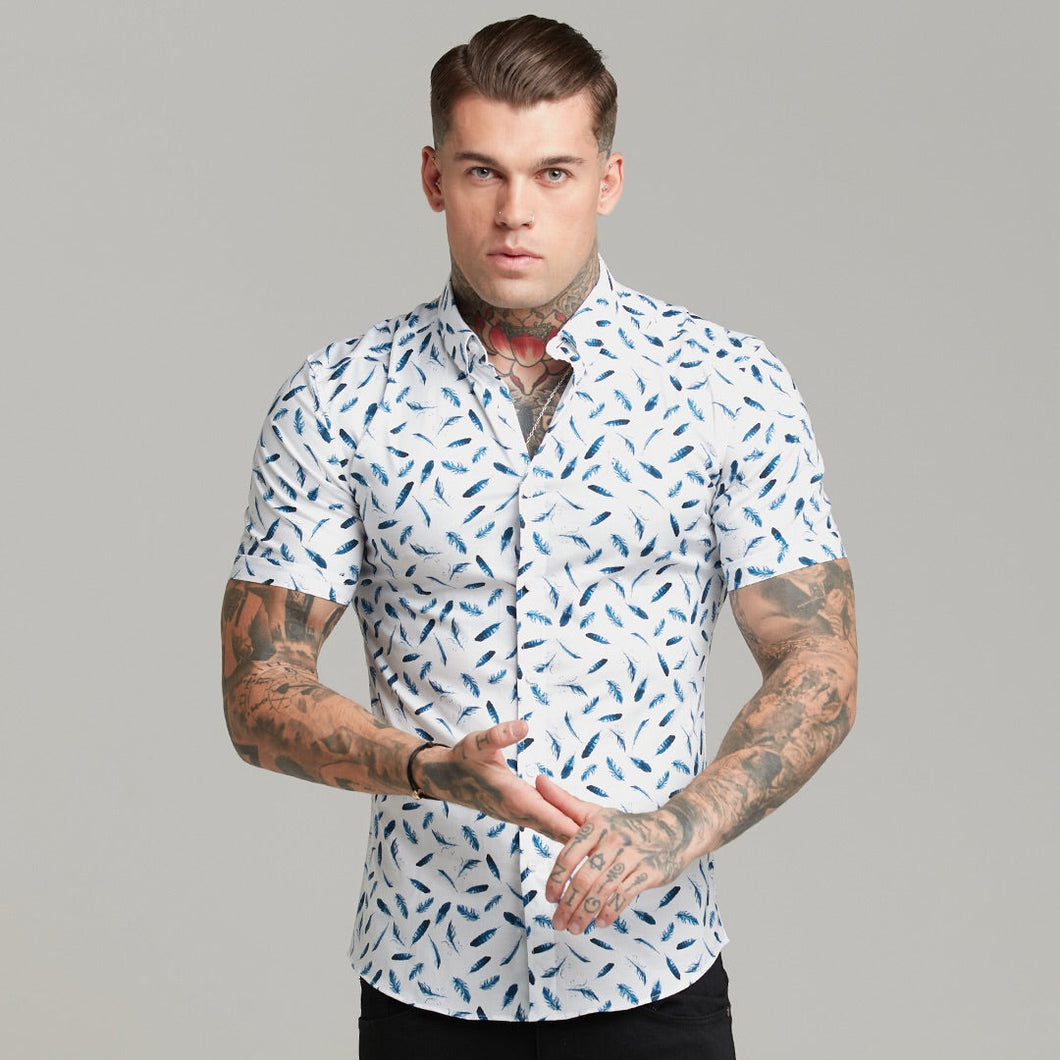 Luxury Sons Super Slim Stretch Blue Feather Print Short Sleeve Button Down - FS560