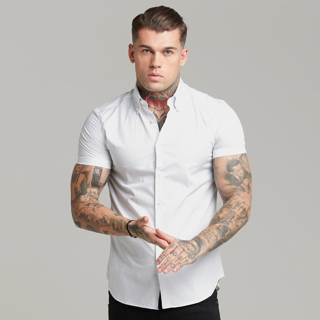 Luxury Sons Classic White and Navy Print Short Sleeve Button Down - FS605 (LAST CHANCE)