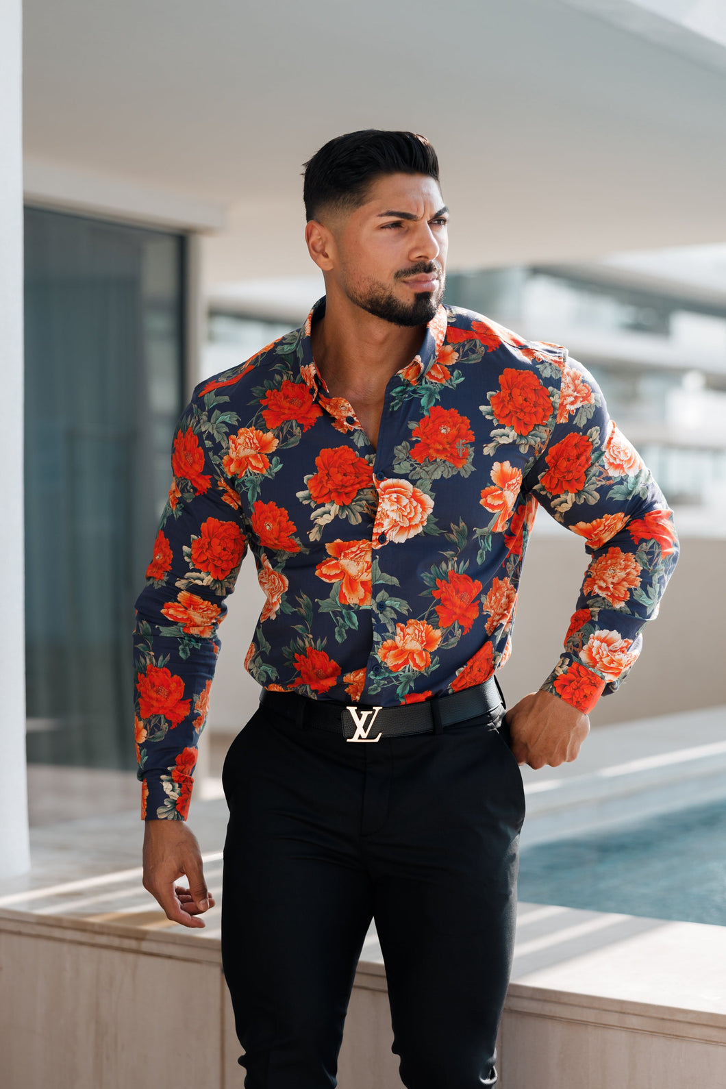 Luxury Sons Super Slim Stretch Navy and Red Floral Print Long Sleeve with Button Down Collar - FS840