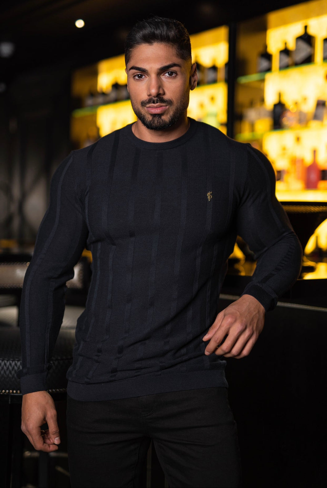 Luxury Sons Classic Long Sleeve Black Knitted Wide Rib Crew with Gold Emblem - FSH607