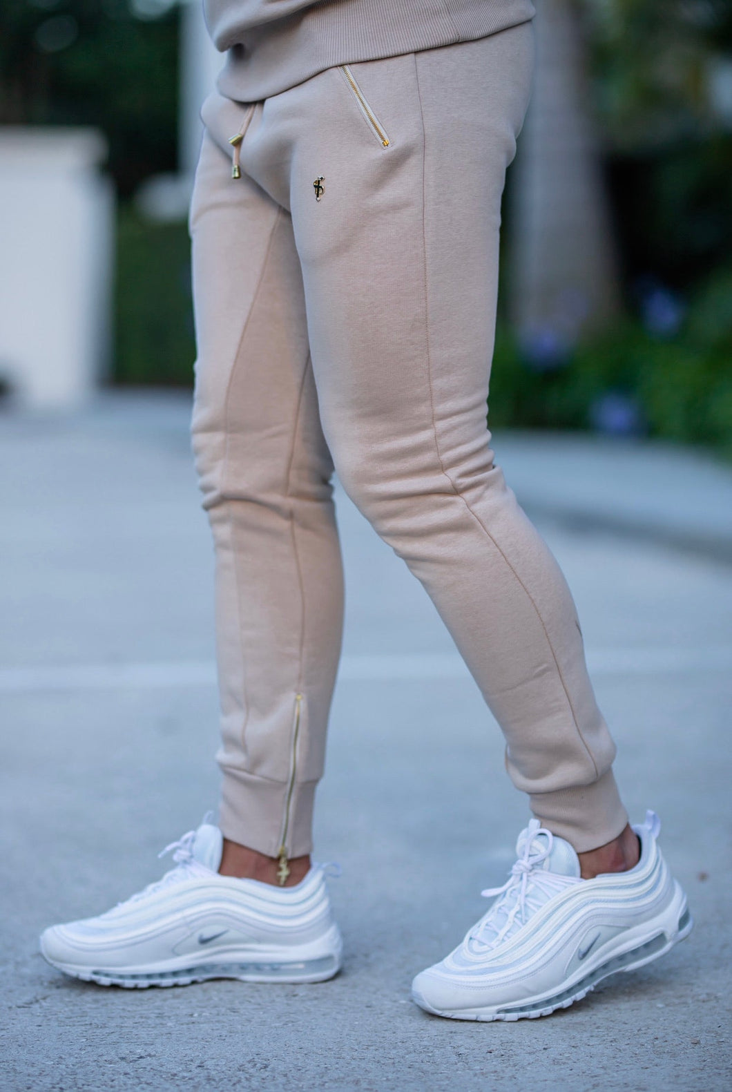 Luxury Sons Beige & Gold Tapered Bottoms with Ankle Zip Detail - FSH484