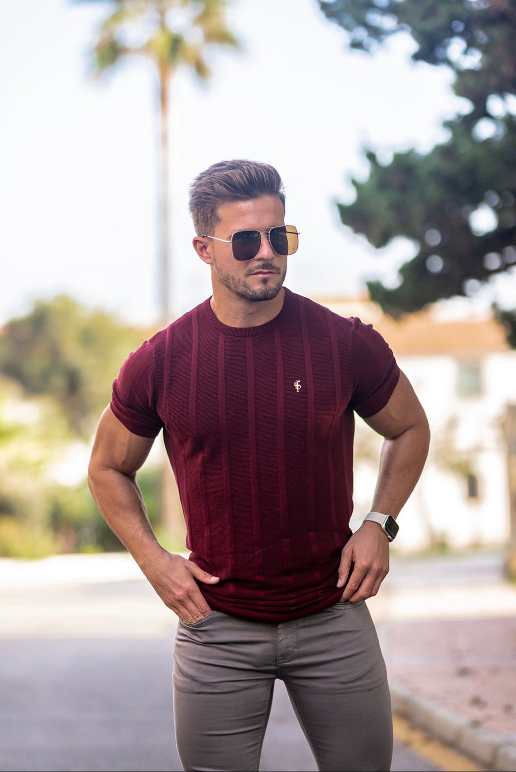 Luxury Sons Classic Short Sleeve Burgundy Knitted Wide Rib Crew with Gold Emblem - FSH563