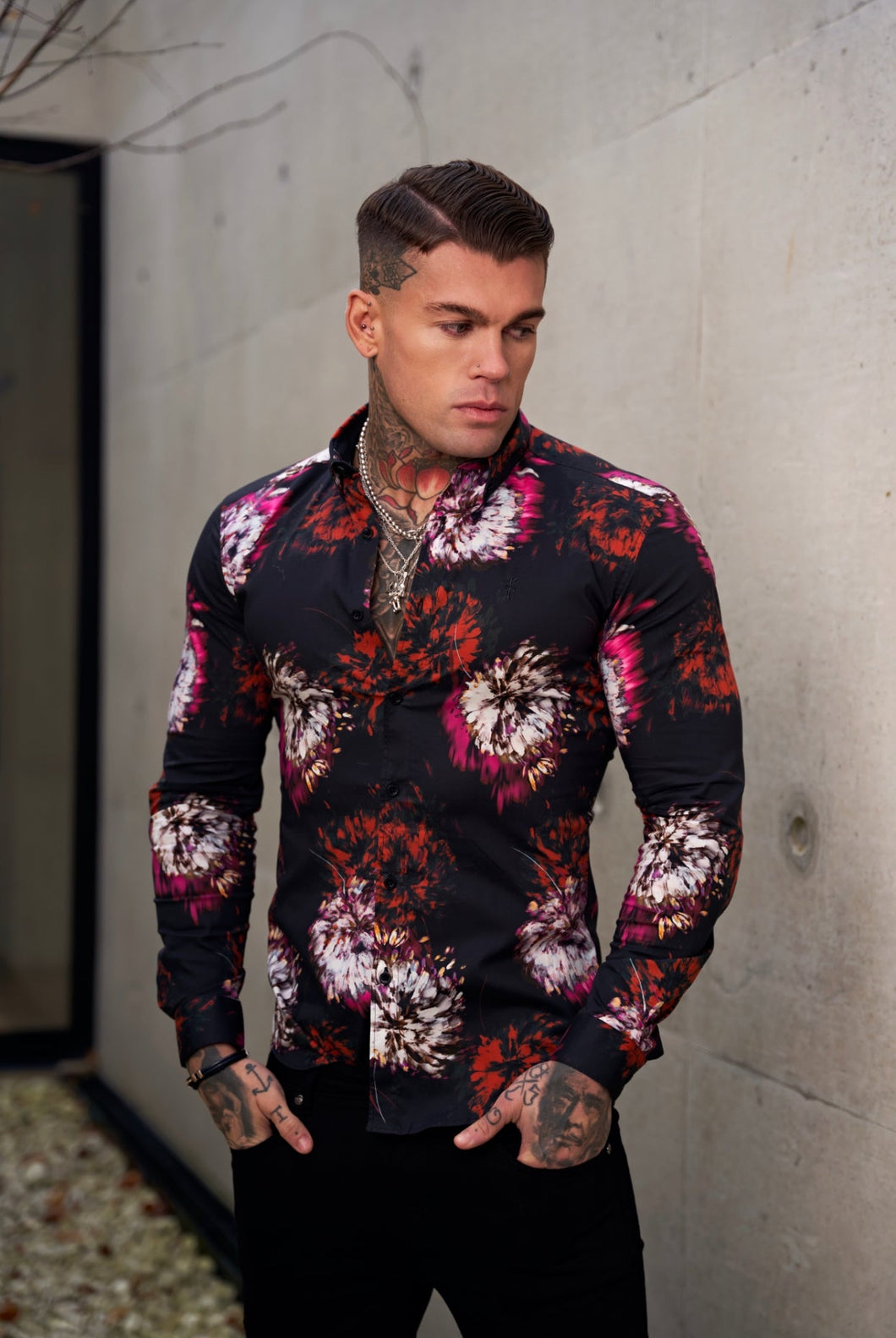 Luxury Sons Super Slim Stretch Black with Red / Pink Blurred Flower Print Long Sleeve with Button Down Collar - FS844