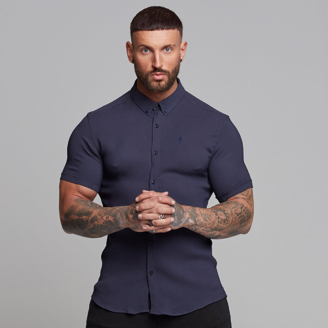 Luxury Sons Super Slim Stretch Ribbed Navy Short Sleeve - FS442