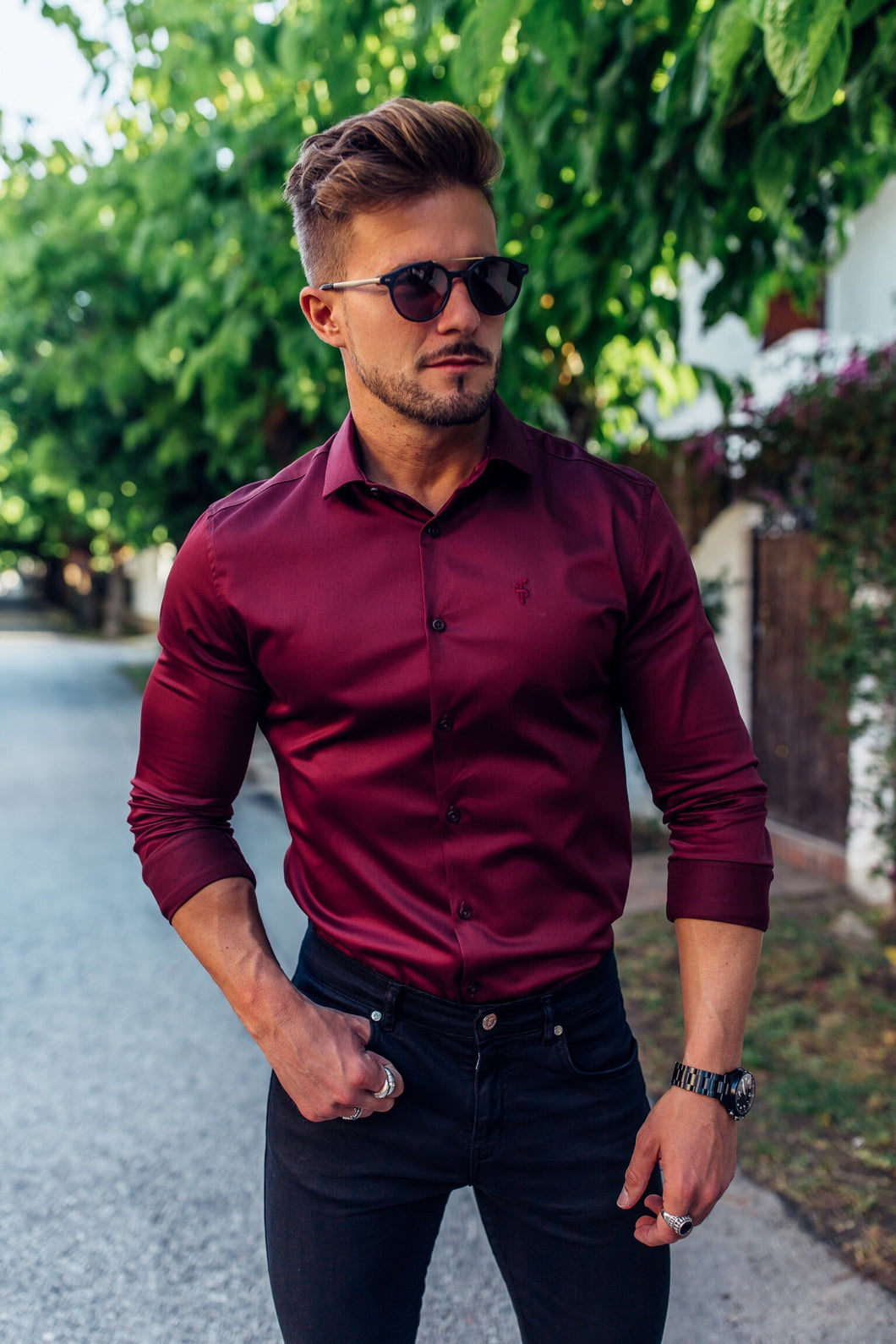 Luxury Sons Slim Sateen Burgundy Long Sleeve - FS549